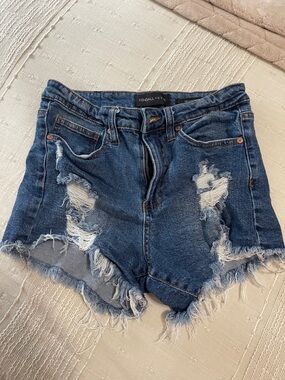 Kendall & Kylie Frayed Distressed High-Rise Denim Shorts - Dark Blue